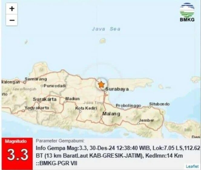 
					Foto: Istimewa 
Laporan BMKG terkait Gempa Magnitudo 3,3 di Kabupaten Gresik