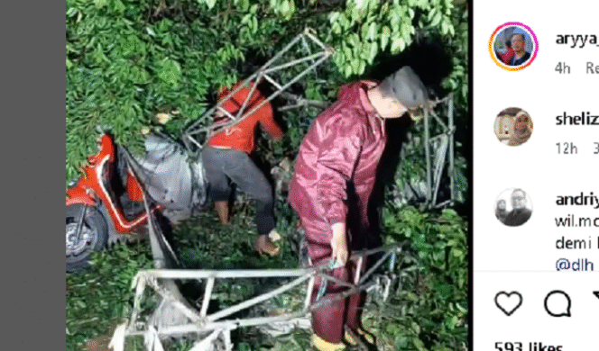 
					Beringin raksasa di taman kota Mojosari, Mojokerto tumbang menimpan enam unit motor yang sedang diparkir  akibat diterjang angin puting beliung, Sabtu 21 Desember 2024. Tangkap layar video@kabarterdepanmojokerto