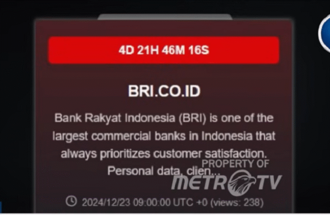 
					Merespon ancaman hakcer Bahse dan permintaan tebusan $1 juta, BRI menumumkan secara resmi di laman situsnya bahwa BRI menjamin keamanan daana dan data milik nasabah. Tangkap layar video  youtube@MetroTV