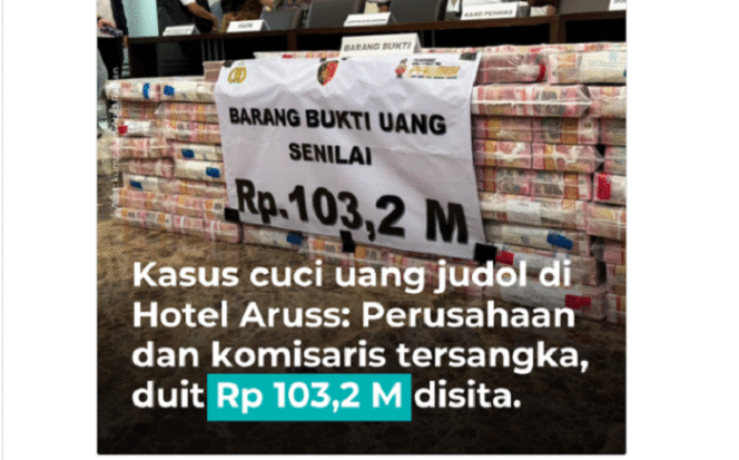 
					Bareskrim Sita Uang Tunai Rp 103,2 Miliar Terkait Judol dan TPPU Hotel Aruss Semarang
