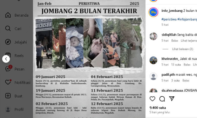 
					Inilah kolase peristiwa kriminal yang terjadi wilayah kabuaten Jombang, terhitung awal Januari 202-20 Febaruari 2025. Instagram@info_jombang.