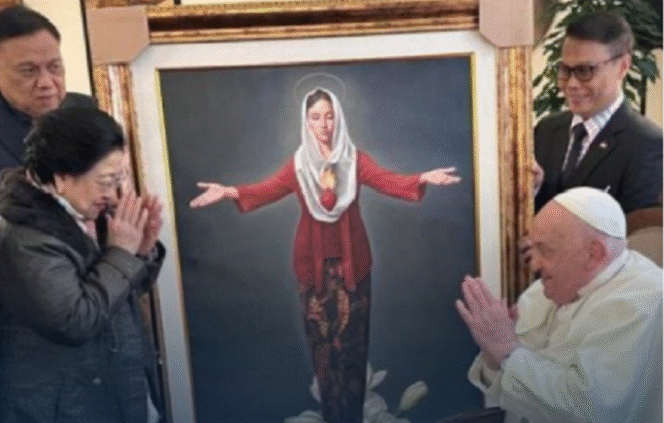 
					Megawati Soekarnoputri, Presiden Kelima Republik Indonesia dan Ketua Umum PDI Perjuangan (PDIP), bertemu dengan Pemimpin Umat Katolik Dunia, Paus Fransiskus, di kediamannya di Santa Marta, Vatikan,  Jumat, 7 Februari 2025 waktu setempat. Mega membawa buah tangan berupa lukisan Bunda Maria mengena kebaya merah, kerudung puith, serta jarit parang rusak. Instagram@katadata.id/antara


