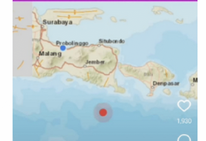 
					Titik pusat gempa berkekuatan 4.5 magnetudo di pantai Panati Selatan Banyuwangi, terjadi pukul 14.30 WIB, Sabtu 29 Maret 2025. Instagram@bwi.info