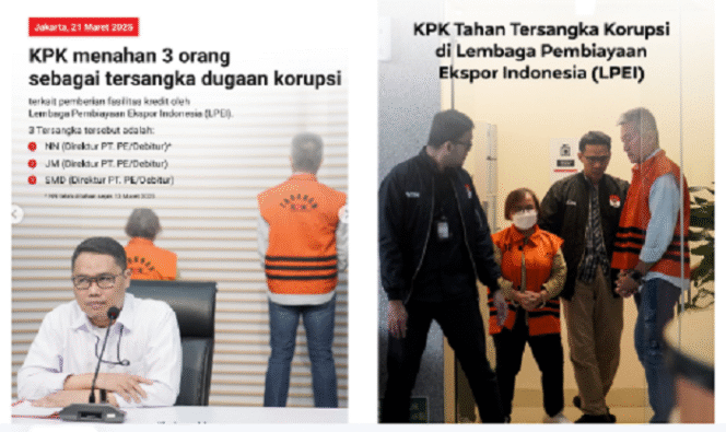 
					KPK menahan tiga orang tersangka dalam kasus dugaan krouspi di Lembaga Pembiayaan Ekspor Indonesia (KPEI), sejak 20 Maret 2025. Instagram@official.kpk