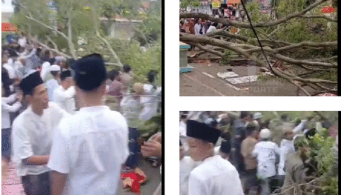 
					Duka mendalam di Pemalang Jawa Tengah, sebatang pohon beringin tua tiba-tiba tumbang ke arah jalan yang menjadi tempat salat Id di alun-alun Pemalang, Senin 31 Maret 2025. Dikabarkan dua orang meninggal dunia, 17 lainnya mengalami luka-luka.
Tangkap layar video Instagram@pemalang_update