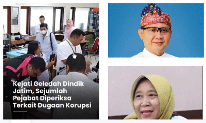 
					Tim penyidik Kejaksaan Tinggi Jawa Timur menggeledah kantor Dinas Pendidikan Provinsi Jawa Timur, terkait dugaan korupsi/ mark up dana hibah Rp 65 miliar untuk 25 SMK Swasta di Jawa Timur. (Kanan Atas) Kepala Dinas Pendidikan Jawa Timur Kepala Dinas Pendidikan Provinsi Jawa Timur dan kepala biro hukum provinsi Jatim sebagai terpeiksa dalam kasus dugaan korupsi ini. 
Tangkap layar video Instagram@suarasurabayamedia