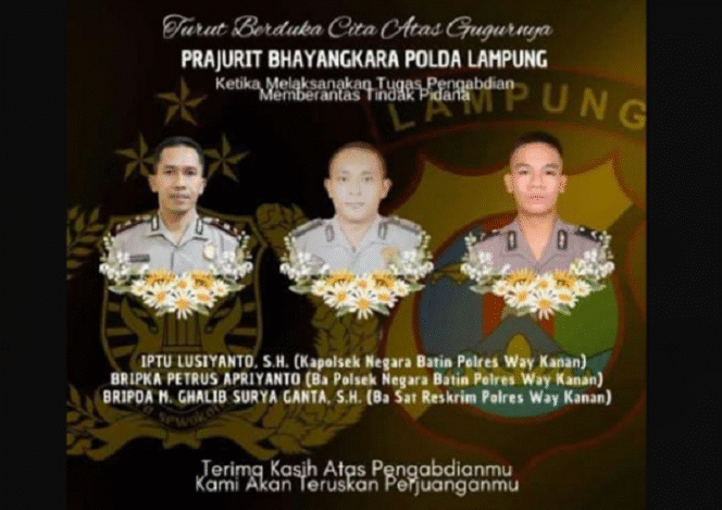 
					Beradar di medsos ucapan bela sungkawa yang mengatasnamakan Polda Lampung atas gugurnya tiga polisi Negara Batin, saat menggerebek arena sabung ayam, Senin sore,  17 Maret 2025.