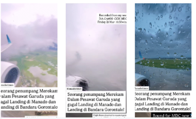 
					Gegara cuaca buruk di kawasan kota Manado, Sulawesi Utara, menyebabkan enam pesawat maskapai penerbangan gagal mendarat di bandara internasional Sam Ratulangi. Pesawat itu akhirnya mendarat di bandara Gonrontalo, Jumat, 21 Maret 2025, semua dalam keadaan selamat. Tangkap layar video Instagram@manao.times
