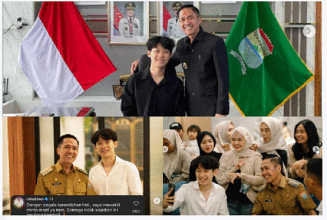 
					Momen keakraban antara Walikota Palembang Ratu Dewa dengan influencer Willie Salim. (Kiri bawah) Unggahan permohonan maaf walikota lewat instagram kepada Willie Salim, (Kanan bawah) Walikota Palembang bersama Willie Salim dan warga sedangh selfie. Instagram@ratudewa