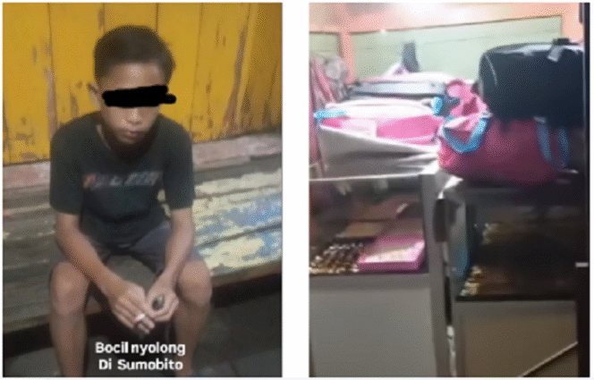 
					Tiga petugas keamanan pasar Sumobito mengamankan satu dari enam bocah kepergok sedang berusaha membobol toko perhiasan dan asesoris Cantira Jewellery di pasar Sumobito, Jombang,  Rabu 26 Maret 2025, malam hari sekitar pukul 20.30 wib. Instagram@kabarjombangdotcom