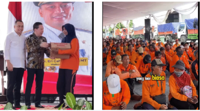 
					(Kiri) Walikota Surabaya Eri Cahyadi bersama Tanto Karjono  memawkili Mayapada Group, membagikan 5000 paket sembako Lebaran untuk pasukan kebesihan  Surabaya.  (Kanan) Pasukan kebersihan Dinas Lingkungan Hidup Kota Surabaya. Instagram@surabaya dan dlh.surabaya