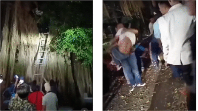 
					(Kiri) Petugas Damkar Serang menggunakan tangga untuk mengevakuasi Arif yang ada di atas pohon beringin, namun keduanya terjatuh. (Kanan) Petugas Damkar membopong Arif, di kecamatan Petir, Serang, Banten. Instagram@ikl_nusantara