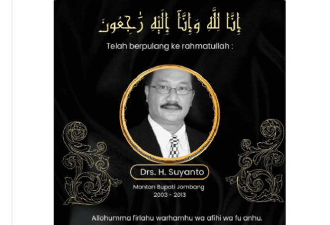 
					Telah berpulang ke rahmatullah, Drs H Suyanto, pada usia 63 tahun, mantan Bupati Jombang (2003-2013), Jumat, 21 Maret 2025. Setelah disucikan langsung dibawa menuju Ponpes Keluarga, lalu setelah disholati di ponpes jenazah dibawa ke rumah duka dusun Srening Banjaragung Bareng. Menurut rencana setelah Isya/Tarweh, jenazah dimakamkan di makam keluarga di Bareng Jombang. Instagram@hombanginformasi_