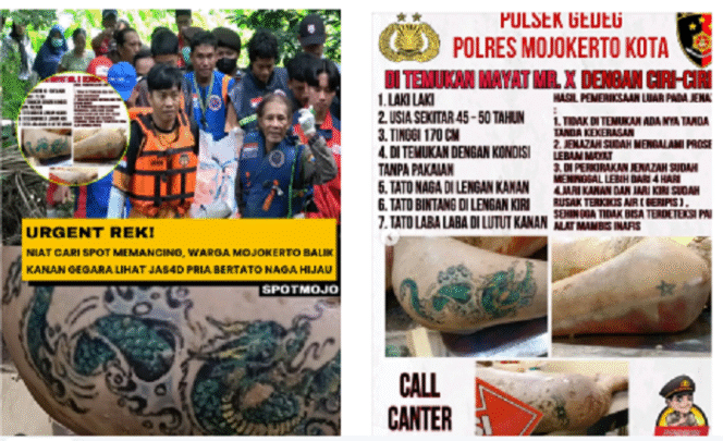 
					Polres Mojokerto sebarkan info tentang temuan jasad seorang pria di sungai Brantas, kawasan Gedek, Mojokerto. Ciri-ciri pria, usia sekitar 50 tahun, bertato naga. Instagram@spot.mojo