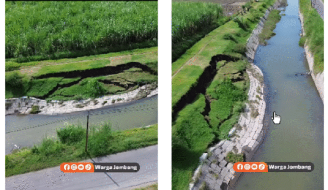 
					Plengsengan sekunder Gude milik BBWs Brantas, saat ini mengalami ambrol sekitar 20 meter di kawasan desa Pesantren, Kecamatan Tembelang,arah ke Gudo, Jombang. Plengsengan ini baru saja selesai dibangun akhir 2024 dengan anggaran Rp 59,6 miliar. Tangkap layar video Instagram@wargajombang