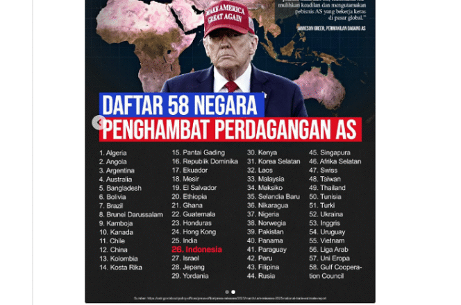 
					Presiden Trump merilis 58 negara --termasuk Indonesia-- penghambar perdagangan dengan Amerika Serikat. Ini sejumlah risiko yang bakal dialami 58 negara tersebut. 
Instagram@lhakim682024