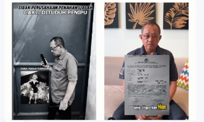 
					(Kiri) Tangkap layar video saat Armudji mendatangi lokasi perusahaan di Margomulyo, Surabaya, namun pintu ditutup dan  gagal bertemu dengan pemilik perusahaan, Kamis 10 April 2025. (Kanan) Tangkap layar video, Armudji menyatakan siap menghadapi laporan tersebut, menyertakan foto copy surat laporan dari Hanjua Diana, sebagai pelapor. Instagram@cakij1