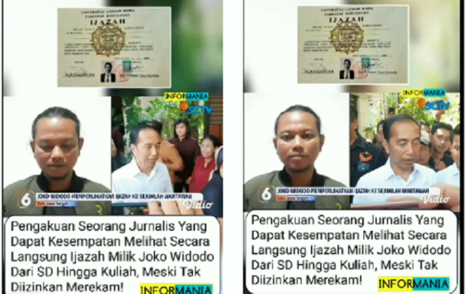 
					Pengakuan seorang jurnalis bersama wartawan lainnya yang mendapat kesempatan melihat ijazah mantan Presiden Joko Widodo di rumah pribadinya di Solo, Rabu 16 April 2025. Tangkap layar video@infomania_