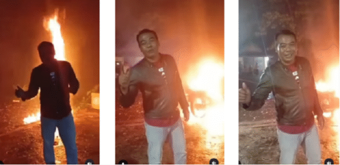 
					Cak Kartolo, warga desa Ngembal, kecamatan Wajak, kabupaten Malang, membuat konten video baru aksi pembakaran lagi. Kali dia membakar sepeda motor. Tujuannya sama, untuk mendorong gubernur Khofifah Indar Parawansa segera mengeluarkan kebijaksanaan pengampunan pajak tertunggak kendaraan bermotor. Tangkap layar video Instagram@kodil007.