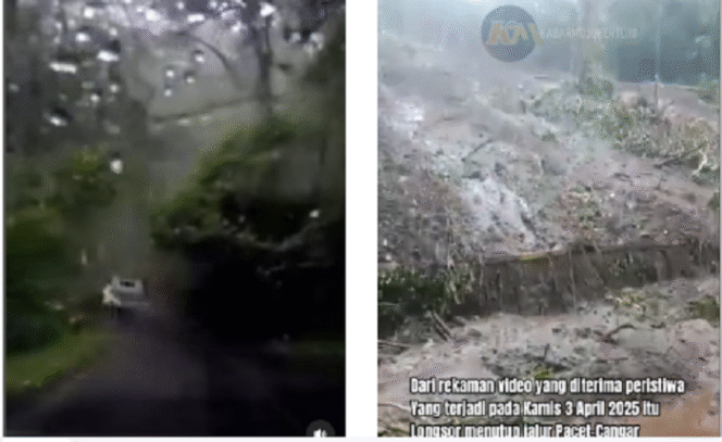 
					(Kiri) Rekaman kamera dashboard tampak mobil pick up putih dan sebuah mobil lain di depannya tersapu oleh longsoran tanah di jalur Pacet-Cangar, terjadi pukul 11.15. WIB, Kamis 3 April 2025.
(Kanan) timbunan tanah menutupi jalur Pacet-Cangat, sampai saat ini belum bisa dilewati. Instagram@mojokertoupdate