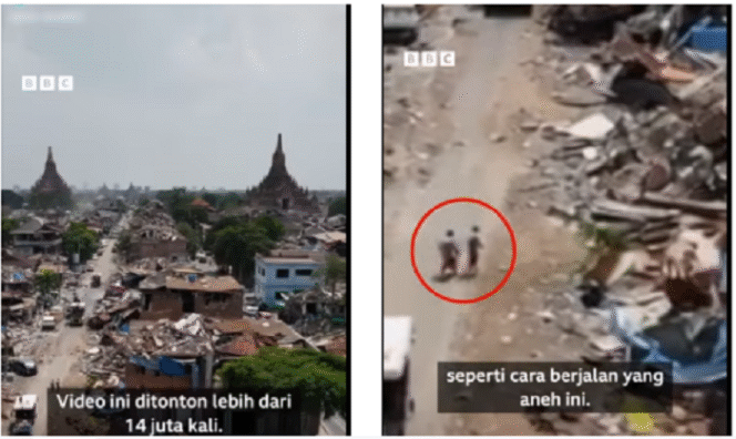 
					(Kiri) Adalah video palsu deepfake menggunakan teknologi AI (Artifacial Intelligence) yang diunggah lewat tiktok.com. Video ini telah ditonton lebih 14 juta pemirsa. (Kanan) Salah satu tanda bahwa video itu palsu adalah gerakan orang berjalan tidak normal, alias tidak harmonis, mirip robot. 
Tangkap layar video Instagram@bbcindonesia