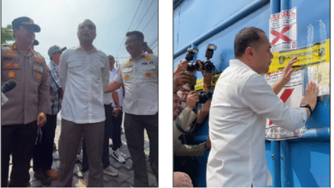 
					Cahyadi didampingi kapoles Tanjung Perak  AKBP William Cornelis Tanasale, S.I.K. dan Kasatpol PP, M. Fikser melakukan penyegelean gudang UD Sentosa Seal, buntut dari penahanan ijazah mantan karyawan perusahaan pimpinan Jan Hwa Diana. Tangkap Layar Video Instagram@ericahyadi_