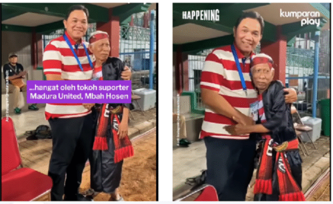 
					Mbah Hussein tokoh tua supporter Madura united, menyambut dengan salam hangat kedatangan Achaanul Qusasi, mantan Bendahara PSSI dan Anggota BPK yang terlibat kasus uap Rp 40 miliar. Dia divonis hukuman 2,5 tahun, kini memasuki masa bebas bersyarat hingga Februari 2026. Tangkap layar video Instagram@kumparanplay