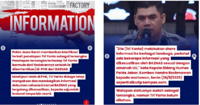 
					Tri Yanto, mantan Kepala Kepatuhan dan Satuan Audit Internal Baznas Jabar, mencoba membongkar dugaan penyalahgunaan dana senilai Rp 13,3 Miliar di Baznas Jawa Barat, tetapi kini dia jutsru menjadi tersangka pelanggaran UU ITE, membocorkan data. Instagram@hukum.perubahan