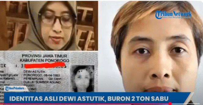 
					Bermunculan foto, identitas seorang perempuan menggunakan identitas berasal dari Ponorogo, bernama Dewi Astuti, 43,  disangka sebagai otak pelaku penyelundupan sabu 2 senilai Rp 5 triliun. Tangkap layar video Youtube@tribun