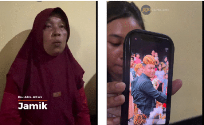 
					(Kiri) Jami, ibu mendiang pelajar bernama Mukhamat Alfa, 18, pelajar SMK Raden Rahmat, Mojokerto, yang jasadnya ditemukan di pondasi bendungan Sungai Brantas di wilayah Prambon, kabupaten Sidoarjo, 5 Mair 2025. (Kanan) Foto mendaign M Alfan. Tangkap layar video Instagram@kabarmojokerto.id