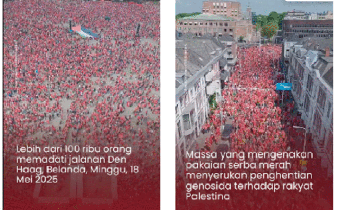
					Jalanan dan lapangan di Den Haag Belanda, Minggu 18 Mei 2025,  memerah darah. Lebih dari 100 warga Belanda turun ke jalan, melakukan protes, agar pemerintah Belanda menghentikan dukungan kepada Israel, dan menghentikan genosida kepada Palestina. Tangkap layar video Instagram@rmol.id