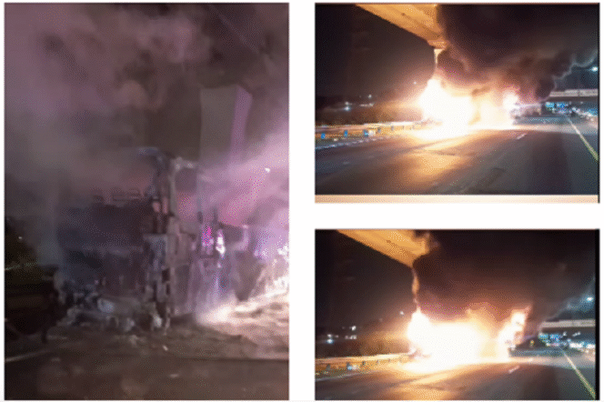 
					Bus pariwisata PO Putra Prima setelah bank pecah menyebakan bus terbakar habis, terjadi di Tol Cikampek, Km 47, Jakarta, Rabu malam 28 Mei 2025. Sebanyak 50 siswa SDI 02 Kemayoran Lama, Jakarta, berhasil diselamatkan tanpa cidera. Tangkap layar video Instagram@kaindukpjrcikampek