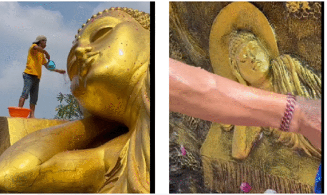 
					Jelang peringatan dan perayaan hari Waisyak,yang jatuh pada tanggal 12 Mei 2025,  pimpinan Maha Vihara Mojopahit, Mojokerto, memandikan patung Budhha Tidur, Rabu, 7 Mei 2025. Instagram@kabarmojokerto.id