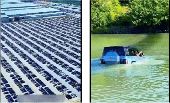 
					(Kiri) Pabrik mobil BYD di China ini luasnya 32.000 hektar. (Kanan) Sebuah mobil amphibi, salah satu daya tarik keunikan BYD. Tangkap Layar Video Instagram@umkmsarjana