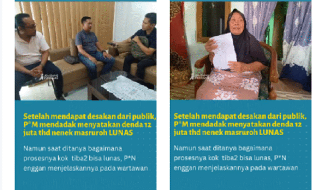 
					(Kiri) Awal jurnalis @jombanginformasi_ sedang mewawancarai manajer Unit Layanan Pelanggan PLN Jombang, Dwi Wahyu Cahyo Utomo. (Kanan) Nenek Masruroh, menunjukkan bukti rekening lunas dari PLN yang menyatakan bahwa utangnya dinyatakan sudah lunas. Tangkap layar video Instagram@jombanginformasi_