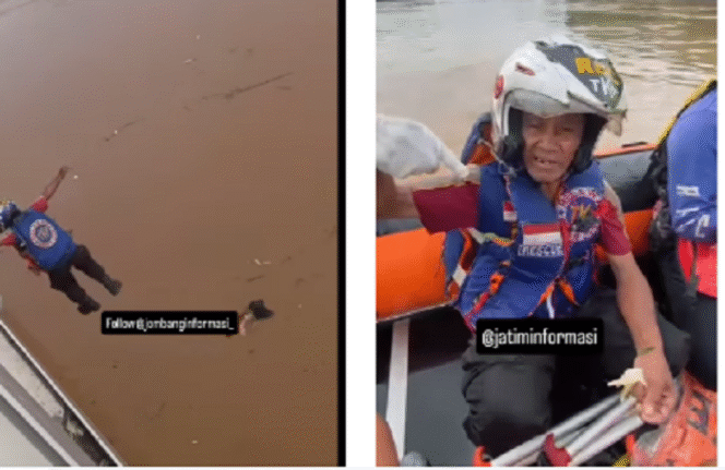 
					(Kiri) Jaenal nekad terjun dari jembatan dari jembatan sungai Brantas di desa Ngrami, Kecamatan Pungging, Kabupaten Mojokerto pada Selasa siang, 20 Mei 2025. (Kanan) Setelah terjun dan hanyut 5 km, kemudian dirinya dan jasad berhasil dievakuasi oleh  relawan Birunya Cinta dalam kondisi selamat. Tangkap layar video Instagram@jatiminformasi