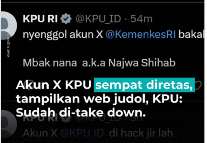 
					Akun X (Twitter) milik Komisi Pemilihan Umum (KPU) diretas, sehingga muncul unggahan-unggahan yang tidak relevan dengan KPU. Namun KPU menyatakan unggahan tersebut sudah di-take down. Instagram@kumparacom