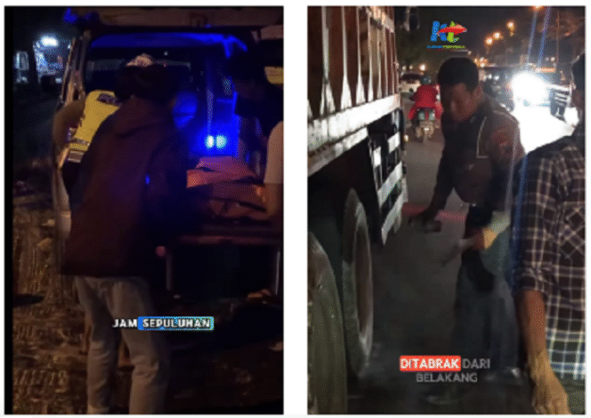 
					(Kiri) Petugas sedang membawa jenazah Laa Ali Sifun Illa, 32, pedagang tahu yang mengalami kecelakaan di Jalan Gajah mada, Mojosari, Sabtu 17 Mei 2025. 
(Kiri) Polisi sedang olah TKP kecelakaan tabrak dari belakang truk parkir di pinggir jalan Gajah Mada, Mojosari, Jumat malam, 16 Mei 2025. Korban bernama  Mojokerto adalah Agung Moh Arif Sholikin, usia 34 tahun, warga Jalan Seroja Kecamatan/Kabupaten Jombang. Instagram@kabarterdepanmojokerto