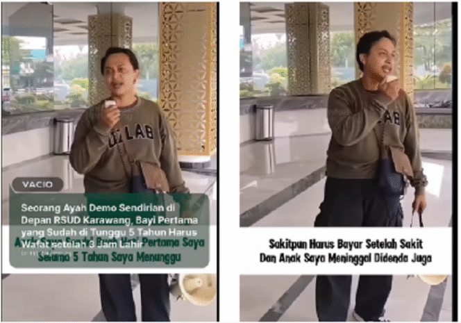 
					Inilah solo demo yang dilakukan oleh seorang pria benrama Edwin Septian, warga Telukjambe, Karawang, Jawa Barat, melakukan protes, setelah bayinya meninggal di RSUD Karawang, 29 April 2025. Tangkap layar video Instagram@vacio.id