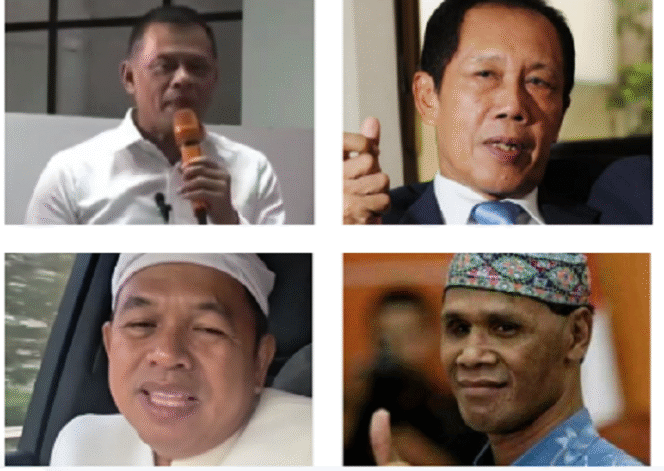 
					(Searah jarum jam) Mantan Panglima TNI Jenderal TNI Gatot Nurmantyo, mantan gubernur DKI Jakarta Letnann Jenderal (Purn) Sutiyoso, ketua umum GRIB Hercule, gubernur Jawa Barat Dedi Mulyadi.
Instagram@nurmantyo_gatot/ bangyosofficail/ hercules_rosario_marshal/ dedimulyadi71_