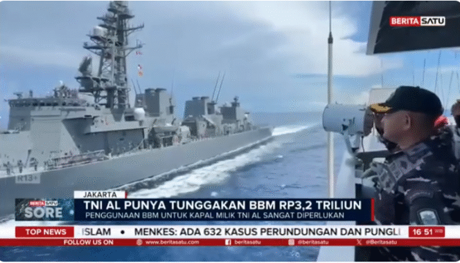 
					Terungkap bahwa TNI AL saat ini punya tunggakan utang Rp 2,25  triliun dan membayar  Rp 3,2 triliun hingga total tunggakan TNI Al kepada Pertamina mencapai Rp 5,45 triliun. KSAL minta agar utang tersebut diputihkan. Tangkap layar Youtube@berita satu