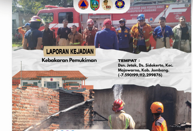 
					Mobil dan petugas Damkar Pos Ngoro melakukan pemadaman rumah yang terbakar di Dusun Jetak, Desa Sidokerto, Kecamatan Mojowarno, Kabupaten Jombang pada Rabu, 18 Juni 2025. Pemilik rumah adalah nenek Saudah,  berusia 90 tahun. Foto: jombangkab.go.id