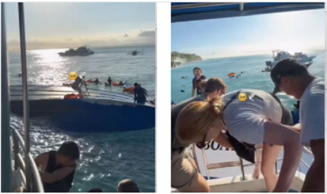 
					Kapal cepat The Tanis terbalik di pantai Nusa Dua, Bali, akibat dihantam ombak, Rabu 4 Mei 2025. Seluruh penumpang sebanyak 89 wisatawan asing dan Indonesia dalam kondisi selamat. Instgaram@hallo.denpasar