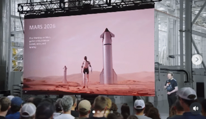 
					Elon Musk mengumumkan bahwa proyek ke Mars bakal dilaksanakan 2026 menggunakan roket SapceX, serta mengirtim Optimus sebagai astrobot pertama menjejakkan langkah ke Mars. Instagram@teslapro