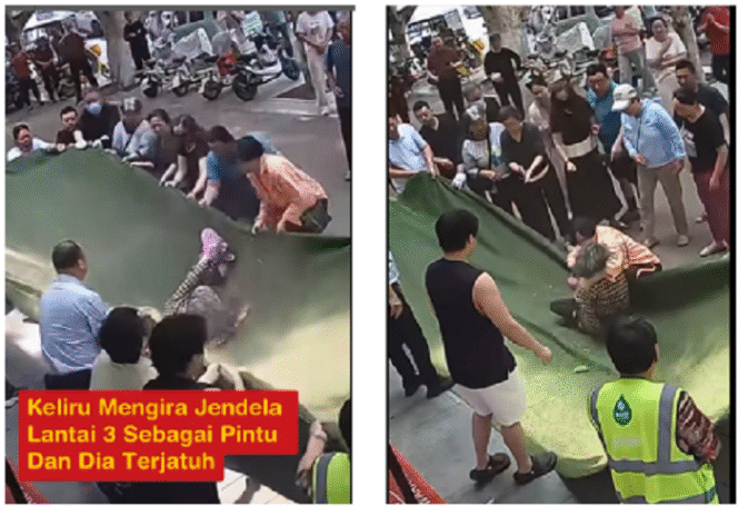 
					Perempuan nenek-nenek berusia 102 tahun, menggelantung beberapa saat di apartemen lantai III, sebelumnya akhirnya jatuh selamat di atas jaring yang dipasang oleh tetangganya, peristiwa terjadi di  27 Mei 2025 di Zhumadian, Provinsi Henan, Tiongkok, 27 Mei 2025. Instagram@chindomedia