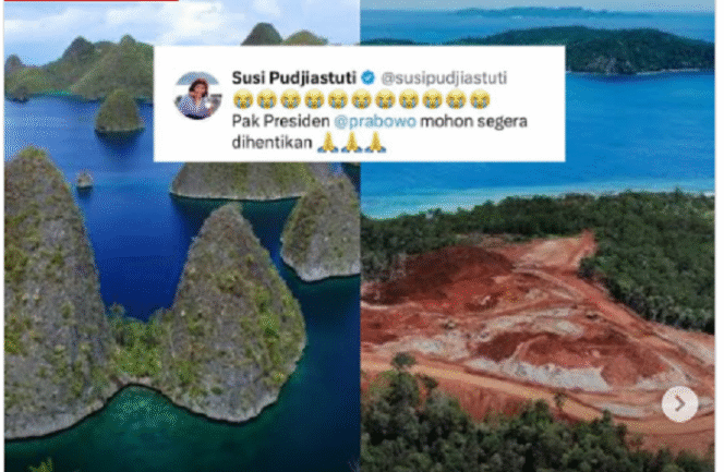 
					Mantan Menteri Kelautan, Susi Pujiastuti juga memohon kepada Presiden Prabowo Subianto untuk segera menghentikan eksploitasi tambang nikel di kawasan pulau-pulai di Raja Ampat, Papua. Instagram@ctd.inside