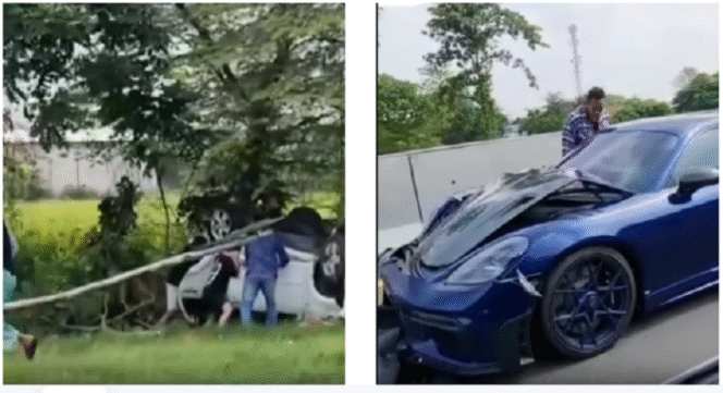 
					Sebuah mobil Porche biru metalik menghantam kendaraan Rush di tol Gempol-Sidoarjo, menyebabkan tujuh orang sekeluarga luka-luka, MInggu 1 Juni 2025. Tangkap layar video Instagram@ini_surabaya