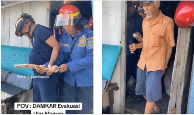 
					Empat personel petugas Damkar Depok secara sigap berhasil mengevakuasi seekor ular, ternyata sepotong boneka mainan berada di dalam rumah kakek ADD, 72. Peristiwa ini dilaporkan pukul 06.30 pagi, kamis 5 Juni 2025. Instagram@lambegosiip