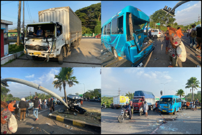 
					Inilah kondisi mobil, motor yang mengalami kecelakaan di perempatan lampu merah Exit Tol Purwodadi, terjadi karena truk wingbox dengan nomor polisi B-9495-UEU diduga mengalami rem blong saat melaju dari arah Malang menuju Surabaya. Foto: portalarjuno.net