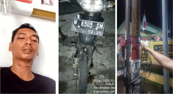 
					(Kiri) Korban Mucahamd Agus Susanto dengan luka jerat di leher, saat ini sedang menjalani perawatan di RSUD Jombang, akibat lehernya terjerat kabel Wifi yang menjuntai di jalanan depan kantor desa Dukuharum, Megaluh, Jombang, Selasa 19 Agustus 2025. (tengah) motor korban, (kiri) Kabel wifi di tiang di depan kantor desa Dukuharum. Foto: Dok/warga